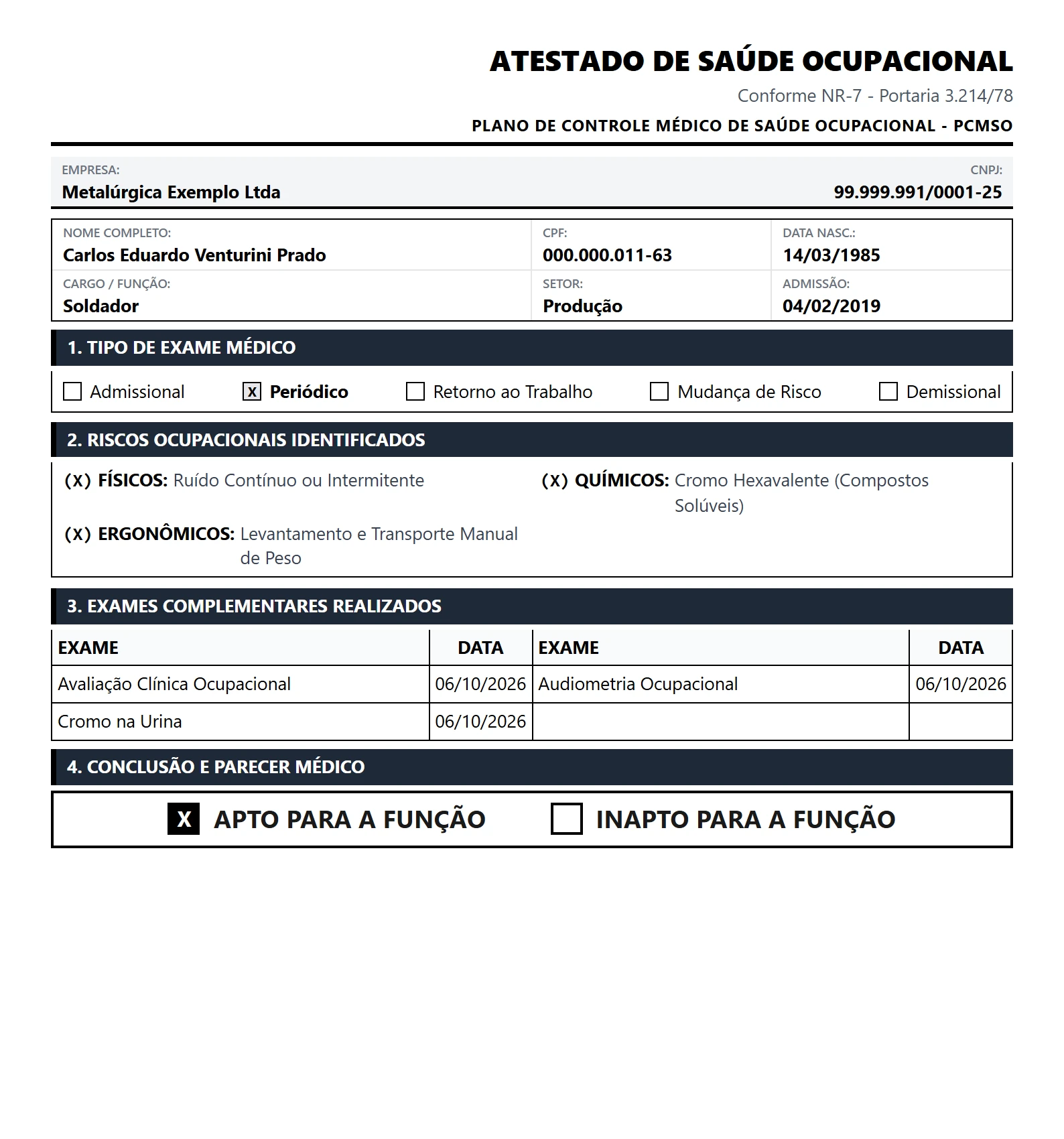 A folha do Atestado de Saúde Ocupacional gerada pelo EcoCore, com riscos, exames realizados e a conclusão apto para a função.