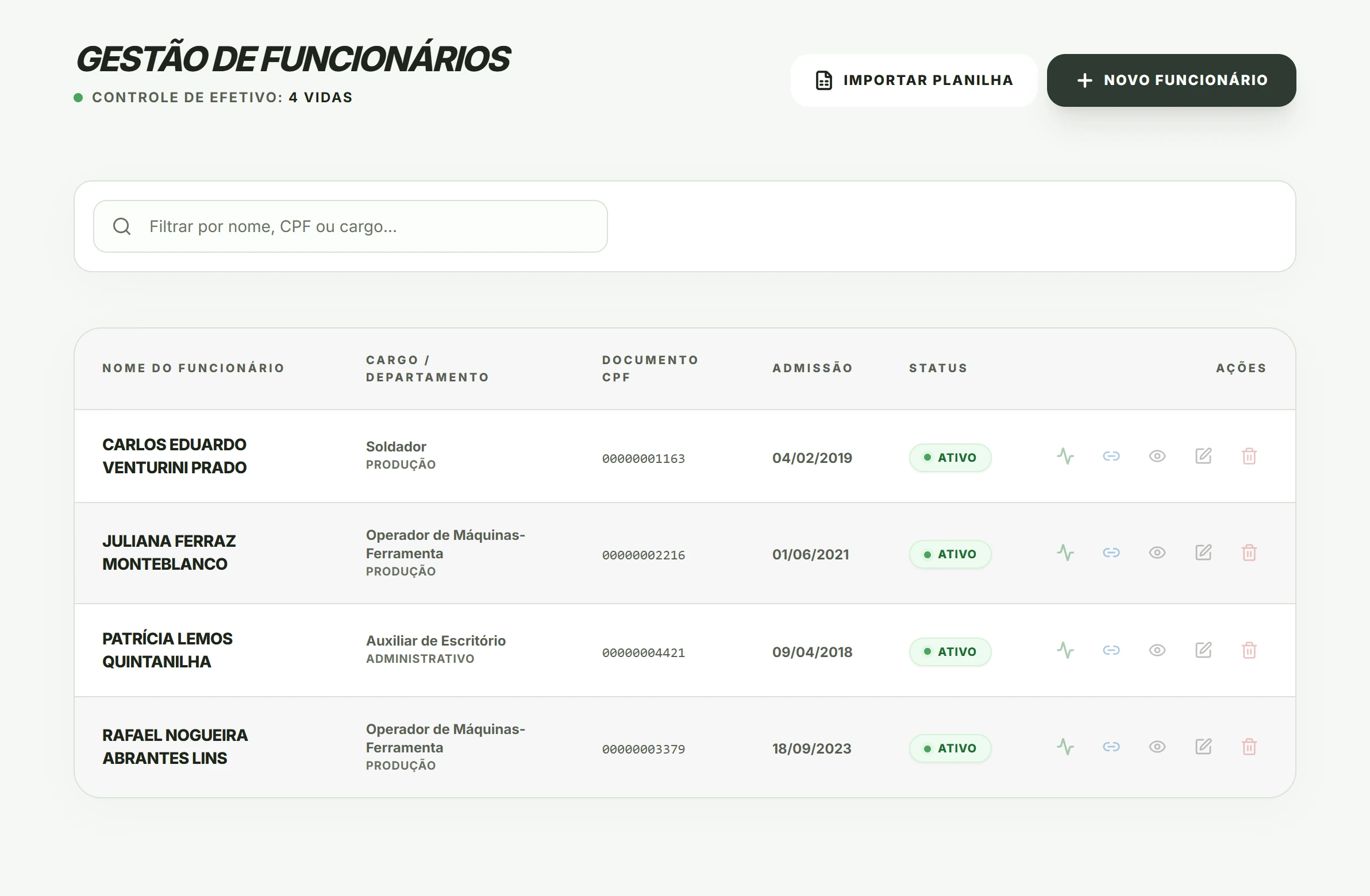 Tela do EcoCore: a lista de funcionários de uma empresa, com cargo, admissão e situação, e o botão de importar planilha.