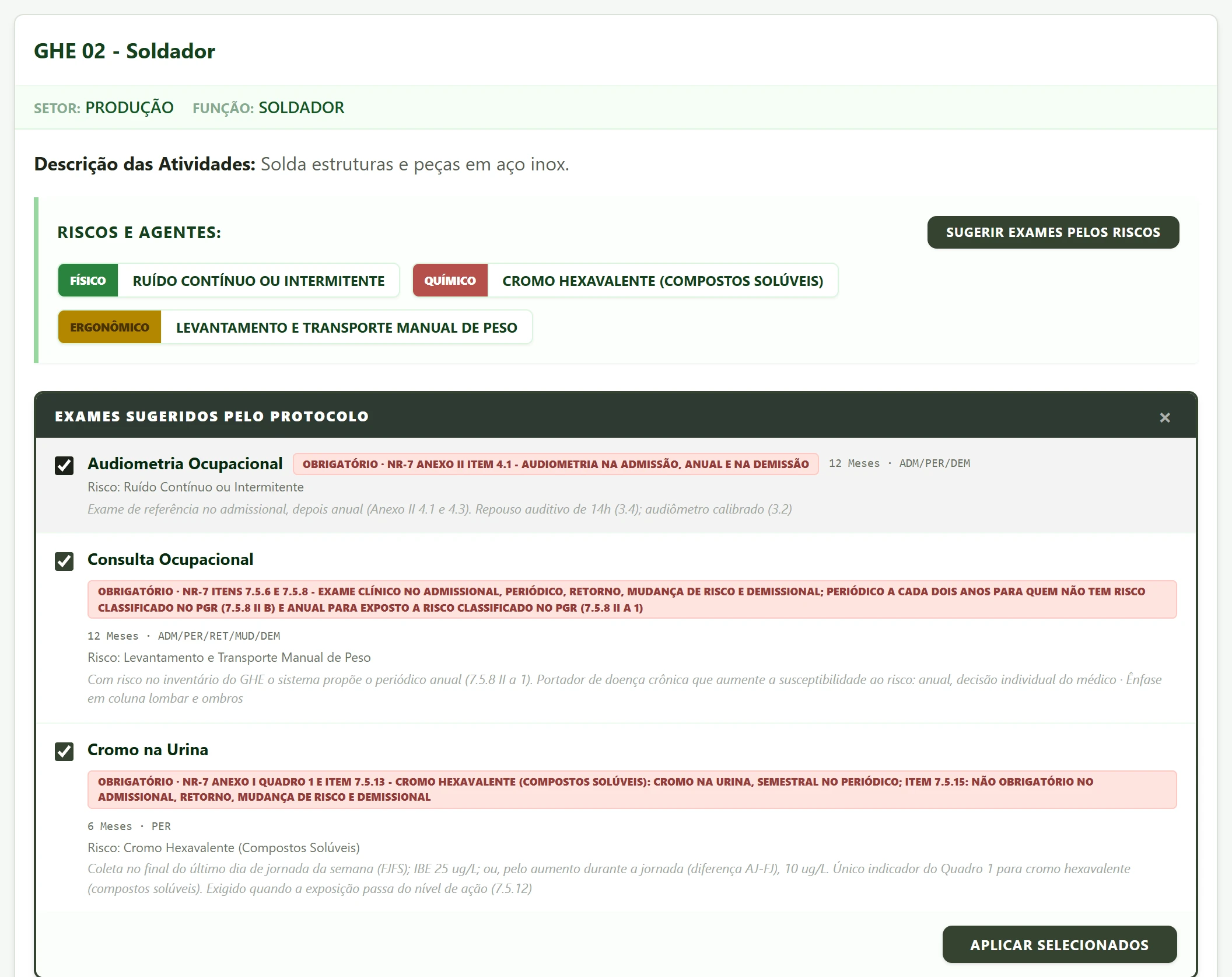Tela do EcoCore: o grupo de exposição do soldador, com os riscos ruído, cromo hexavalente e levantamento de peso, e os três exames sugeridos pelo protocolo, cada um com a norma ao lado e o botão Aplicar selecionados.