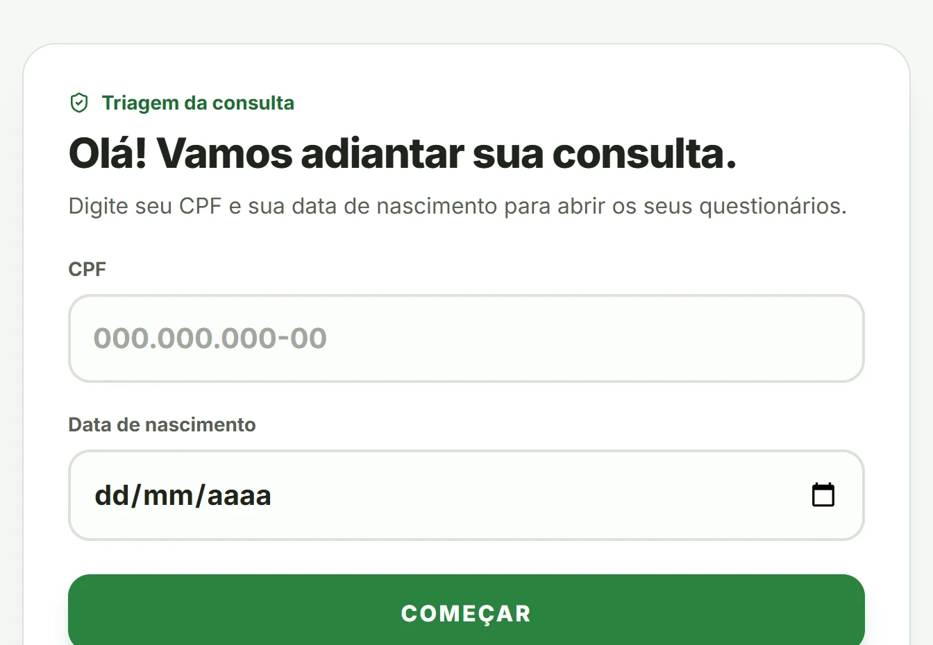 Tela do EcoCore: a triagem que o trabalhador responde no tablet, pedindo CPF e data de nascimento.